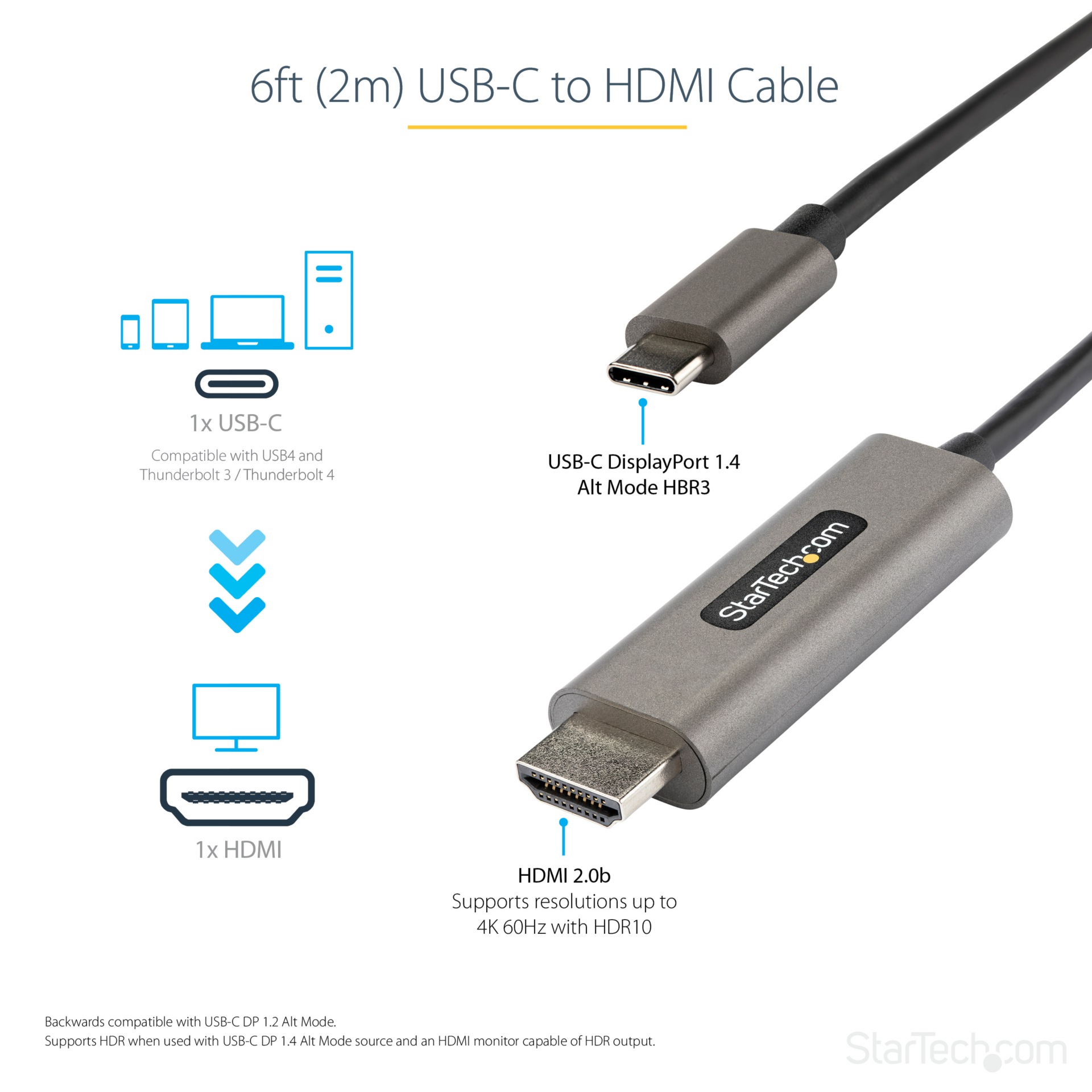 Thumbnail 2 of 5 for StarTech.com 6ft (2m) USB C to HDMI Cable Adapter, 4K 60Hz, HDR10, UHD HDMI 2.0b, USB Type-C to HDMI Video Adapter Cable