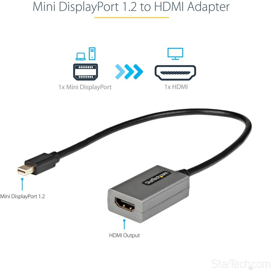 Thumbnail 2 of 6 for StarTech.com Mini DisplayPort to HDMI Adapter - mDP to HDMI w/ 12 Cable - mDP to HDMI Video Converter Dongle