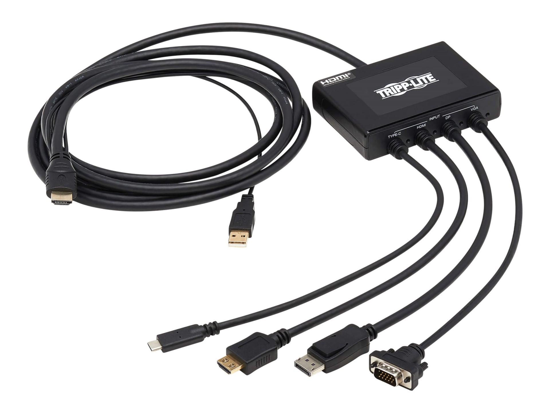 Tripp Lite Multiport Presentation Adapter, 4K 60Hz w HDR, 4x1, HDMI/DisplayPort/USB-C/VGA to HDMI, HDCP2.2, PD Charge,