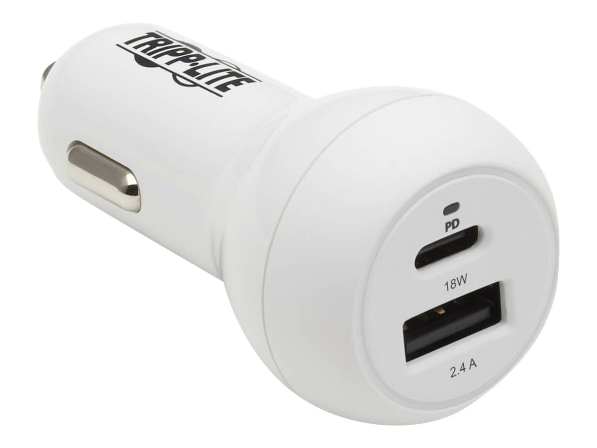 Tripp Lite USB Car Charger - Dual-Port 30W PD Charging, USB-C (18W) & USB-A (12W), USB-C to Lightning Cable, White car