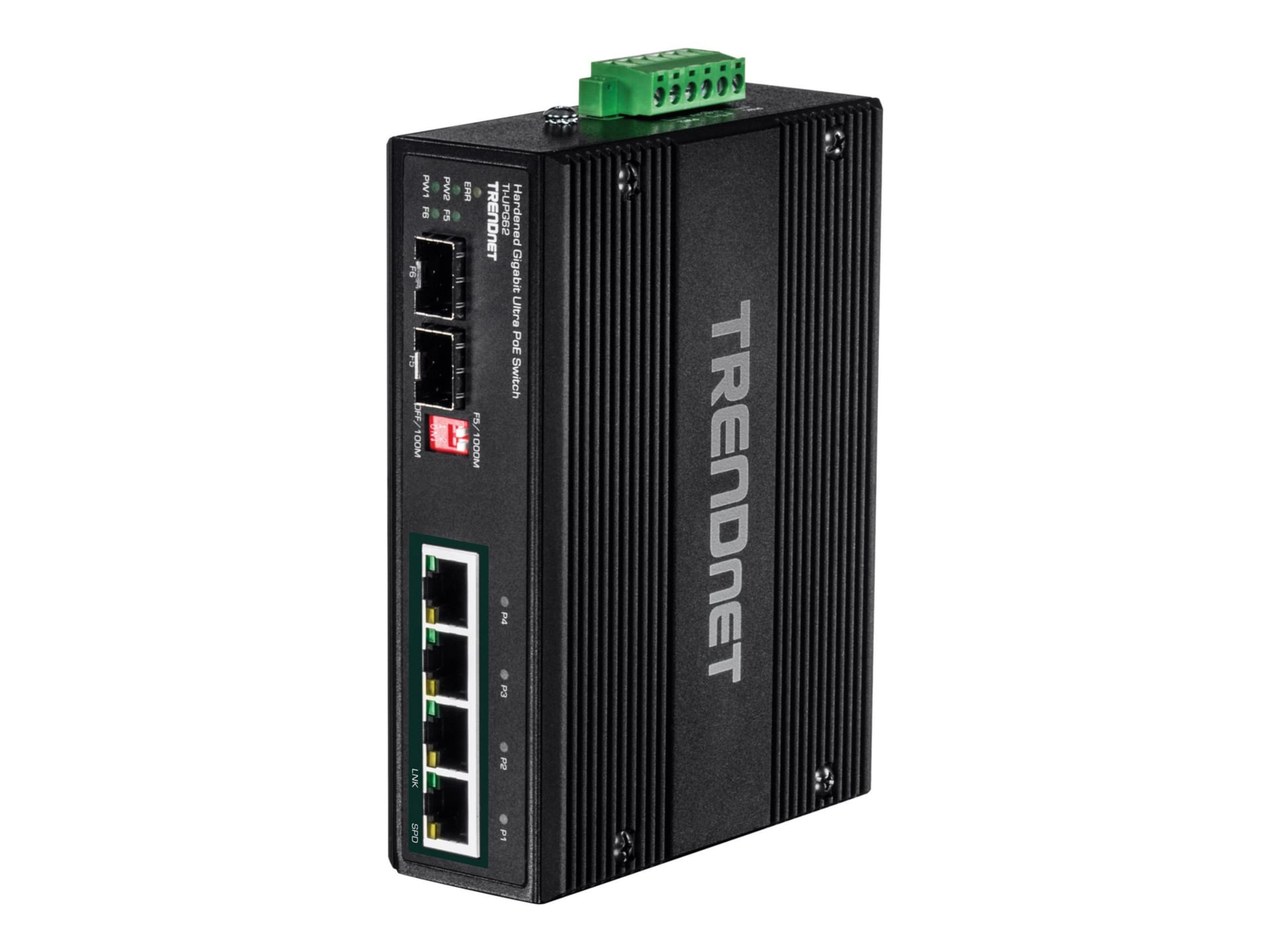 TRENDnet 6-Port Hardened Industrial Gigabit 10/100/1000 Mbps Ultra PoE DIN-Rail Switch; UPoE; IP30; DIN-Rail & Wall
