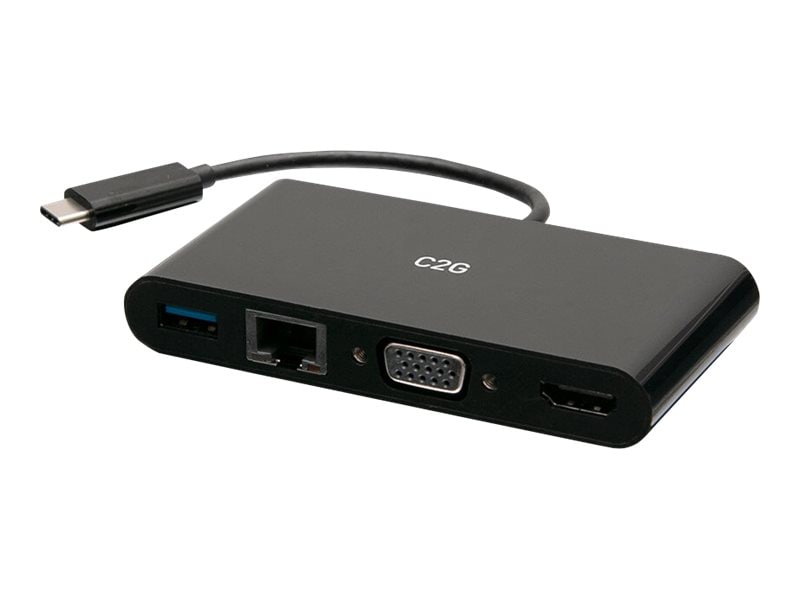 C2G USB Multiport Adapter - USB C to 4K HDMI, VGA, USB, and Ethernet - 4K 30Hz - Black