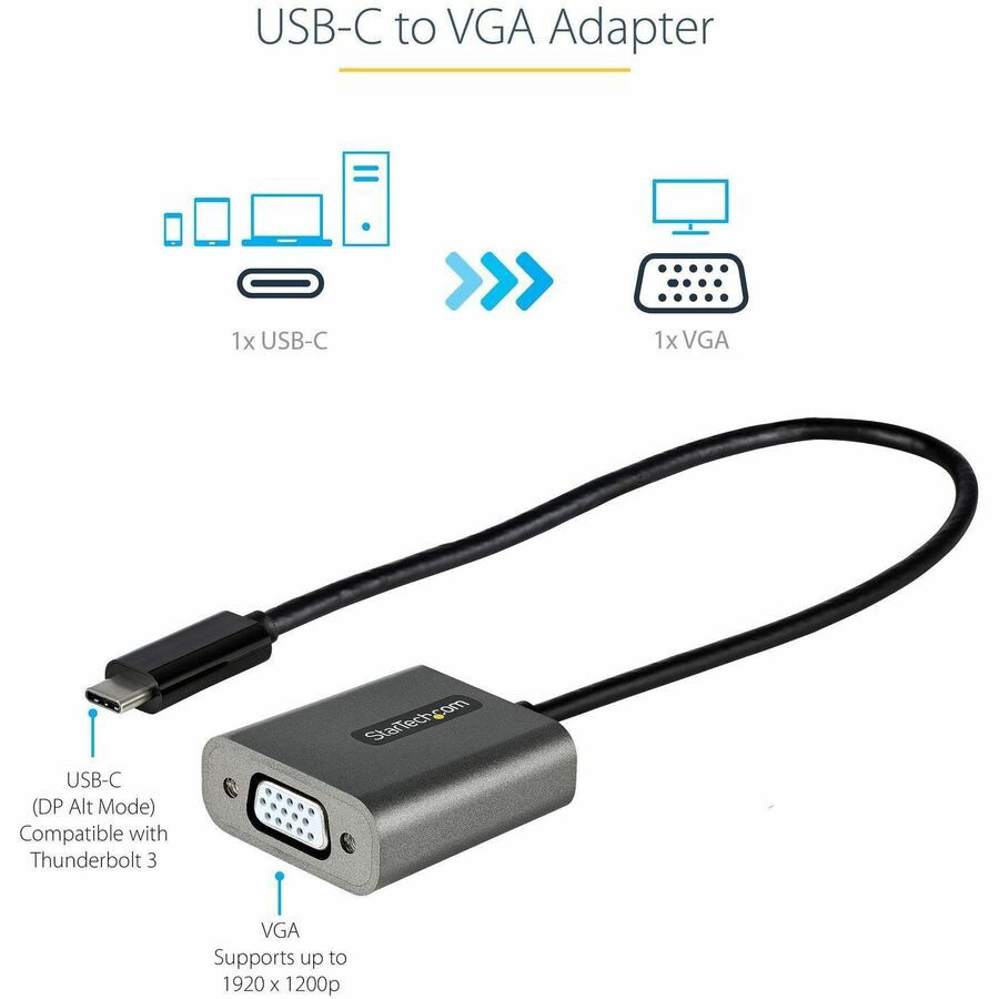 Thumbnail 4 of 6 for StarTech.com USB C to VGA Adapter - USB Type-C to VGA Video Converter - USB-C to VGA Dongle - 12 Cable