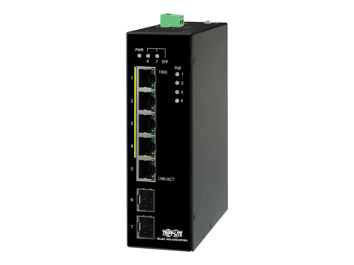 Tripp Lite Unmanaged Industrial Gigabit Ethernet Switch 5-Port 10/100/1000 Mbps PoE+ 30W 2 GbE SFP Slots TAA Compliant