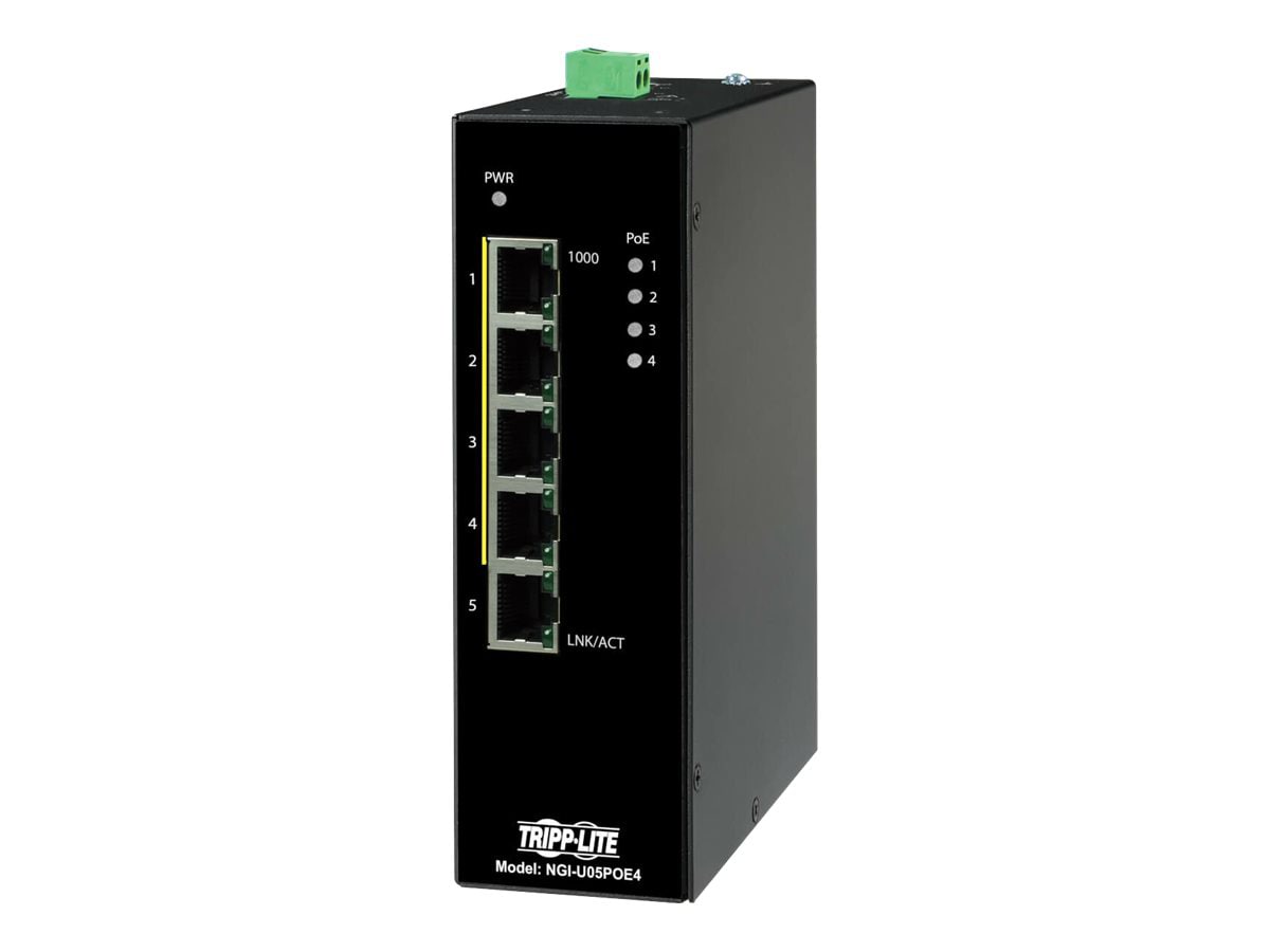 Eaton Tripp Lite series Unmanaged Industrial Gigabit Ethernet Switch 5-Port - 10/100/1000 Mbps, PoE+ 30W, DIN Mount -