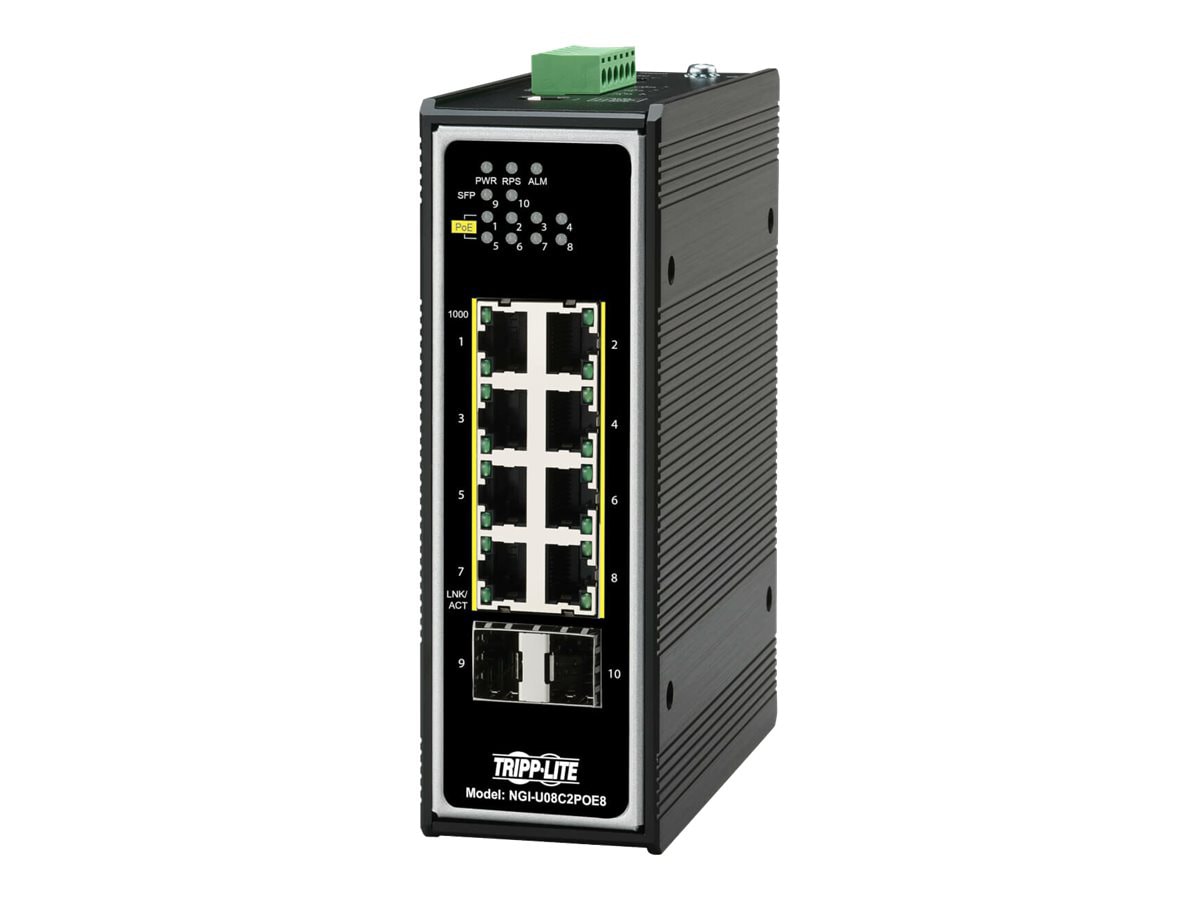 Tripp Lite Unmanaged Industrial Gigabit Ethernet Switch 8-Port 10/100/1000 Mbps PoE+ 30W 2 GbE SFP Slots TAA Compliant