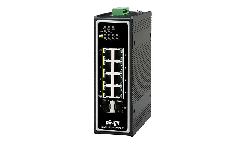 Tripp Lite Unmanaged Industrial Gigabit Ethernet Switch 8-Port 10/100/1000 Mbps PoE+ 30W 2 GbE SFP Slots TAA Compliant