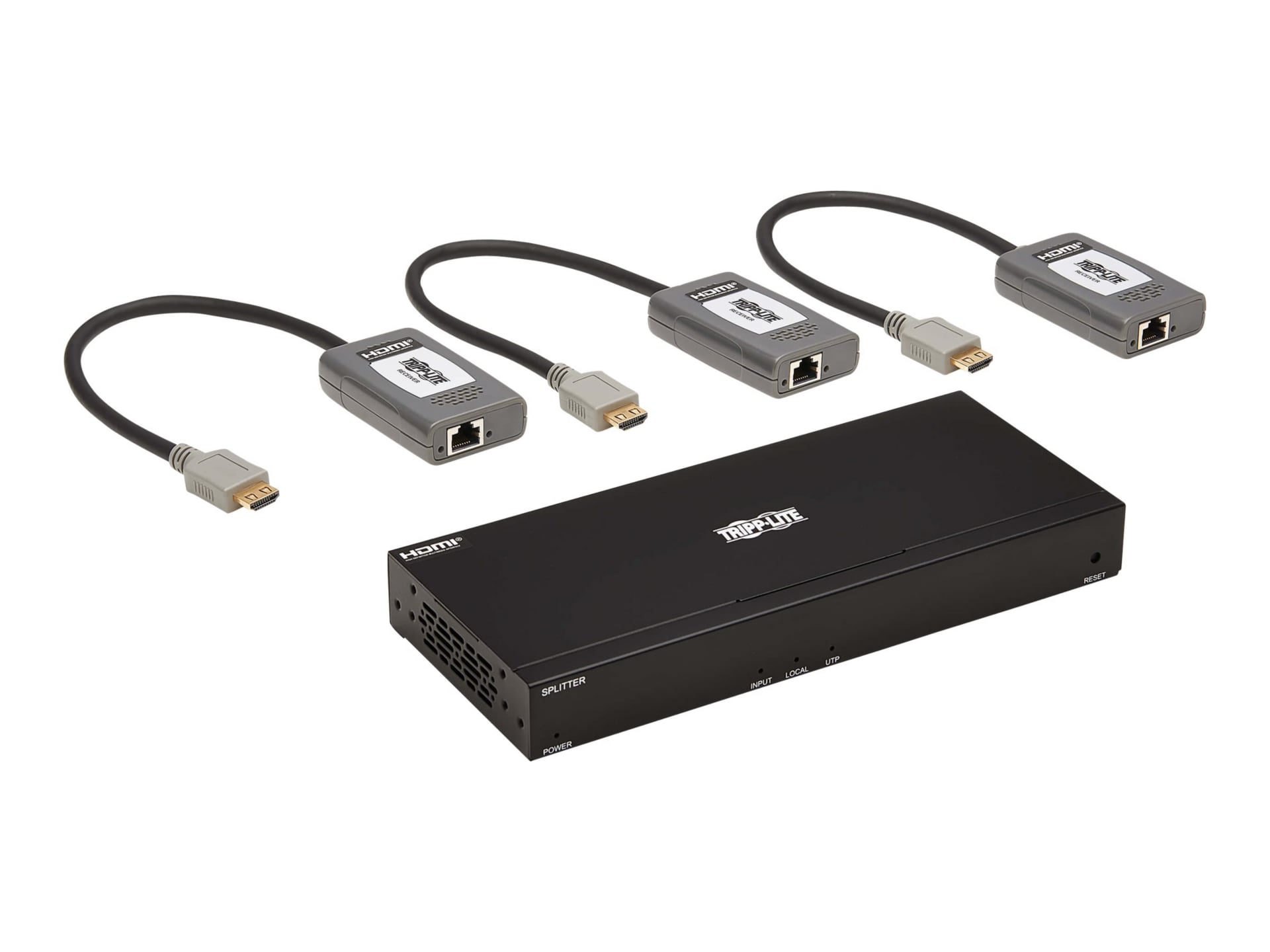 Tripp Lite HDMI over Cat6 Extender Kit, 4-Port Splitter/3x Pigtail Receivers - 4K 60 Hz, HDR, 4:4:4, PoC, 230 ft. (70.1