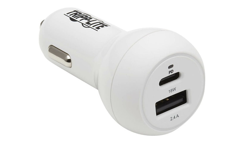 Tripp Lite USB Car Charger - Dual-Port 30W PD Charging, USB-C (18W) & USB-A (12W), USB-C to Lightning Cable, White car