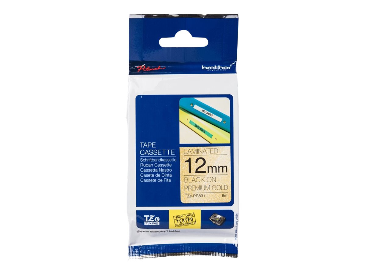 Brother TZe Premium Laminated Tape, 12mm x 8M, Black on Gold