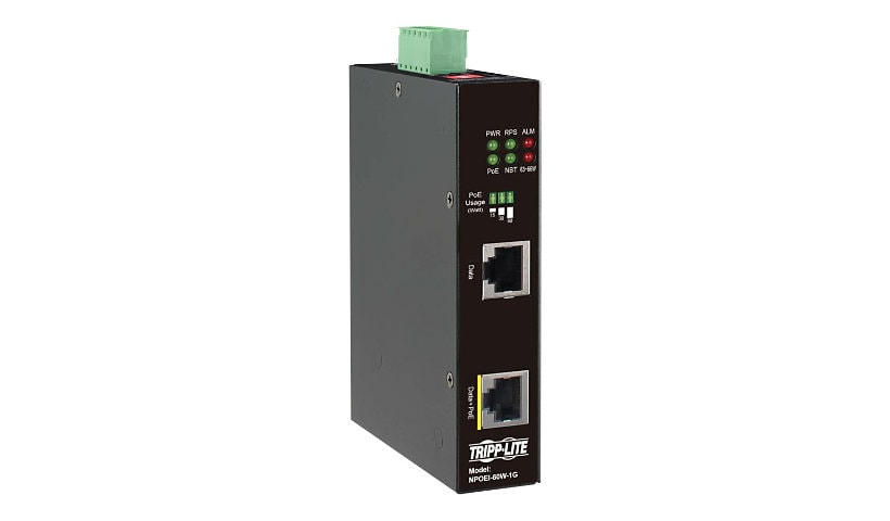 Tripp Lite Industrial Gigabit Ethernet PoE injector, 60W PoE++, 802.3bt, Midspan, -40C to +75C, IP30 housing, Dual