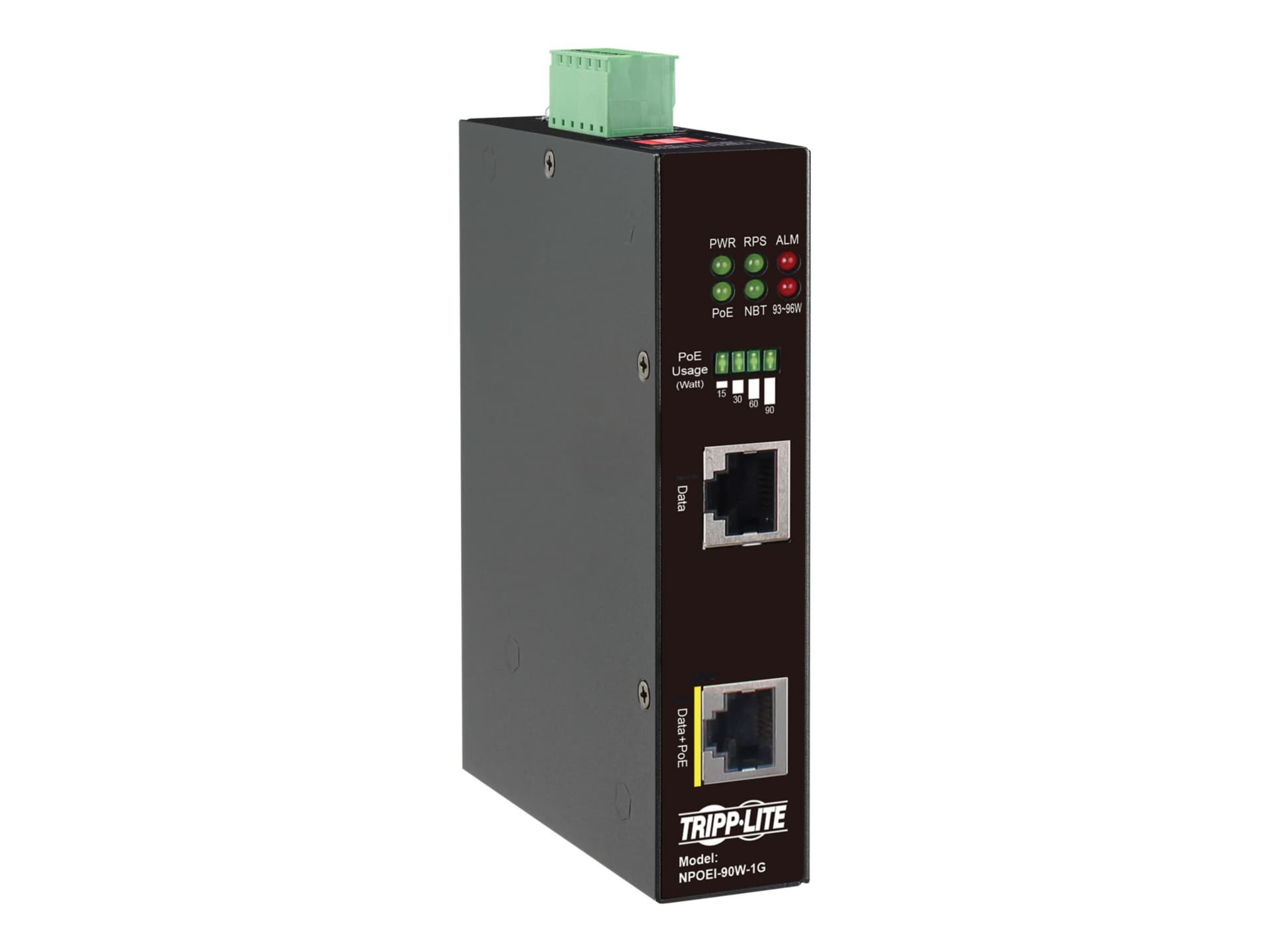 Tripp Lite Industrial Gigabit Ethernet PoE injector, 90W PoE++, 802.3bt,  Midspan, -40C to +75C, IP30 housing, Dual - NPOEI-90W-1G - Network Cables 