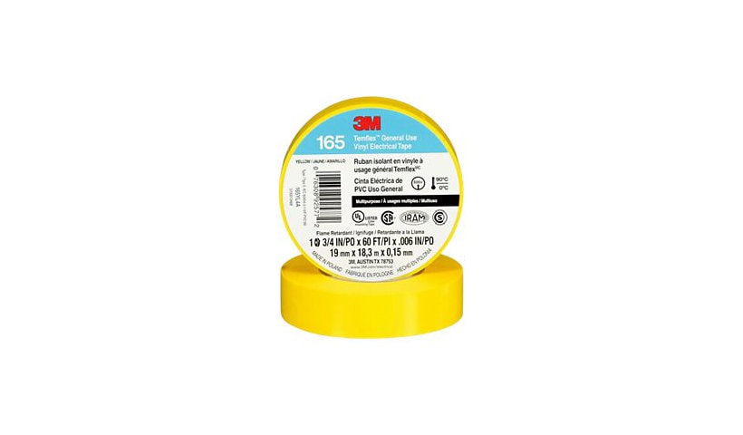 3M Temflex 165 electrical insulation tape - 0.75 in x 59 ft - yellow