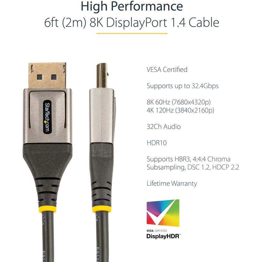 Thumbnail 3 of 8 for StarTech.com 6ft (2m) VESA Certified DisplayPort 1.4 Cable, 8K 60Hz HDR10, UHD 4K 120Hz Video, DP to DP Monitor Cord