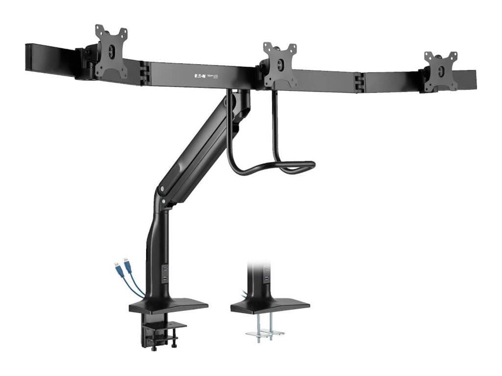 Tripp Lite Safe-IT Precision-Placement Triple-Display Desk Clamp with Antimicrobial Tape for 17" to 32" Displays, USB