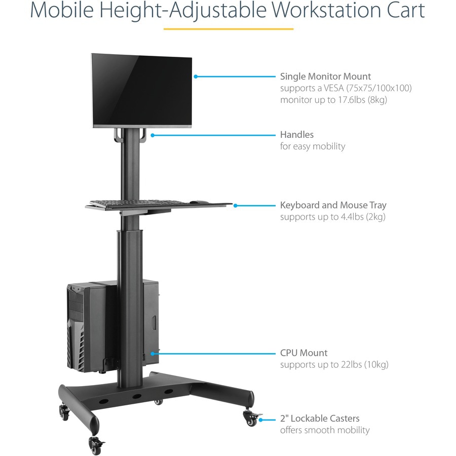 Thumbnail 3 of 16 for StarTech.com Mobile Standing Workstation with Monitor Mount, CPU/PC Holder, Height Adjustable Desktop Computer Cart