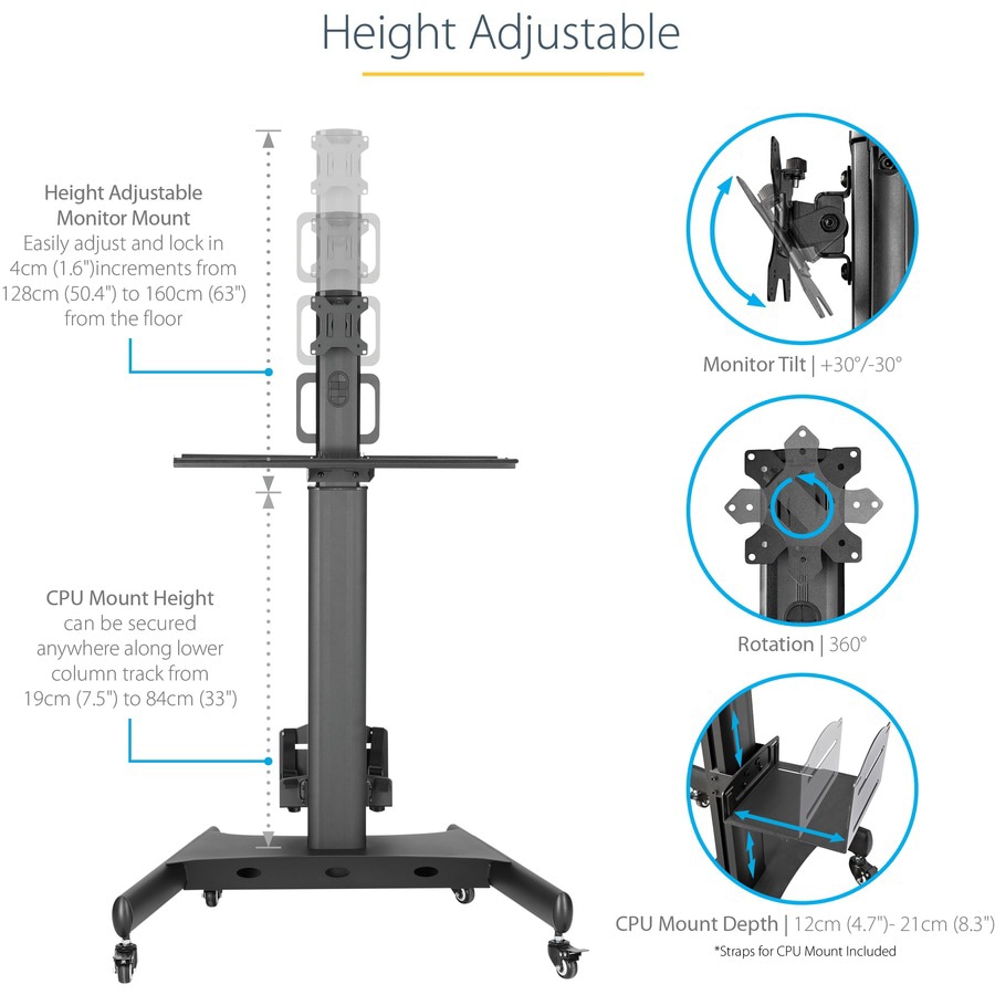 Thumbnail 4 of 16 for StarTech.com Mobile Standing Workstation with Monitor Mount, CPU/PC Holder, Height Adjustable Desktop Computer Cart