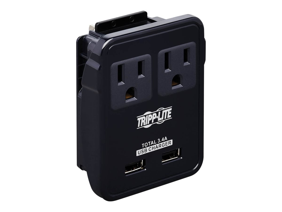 Tripp Lite Safe-IT Universal Travel Charger 2-Outlet - 5-15R Outlets, 2 USB Ports, Direct Plug-In with 5 Plug Options,