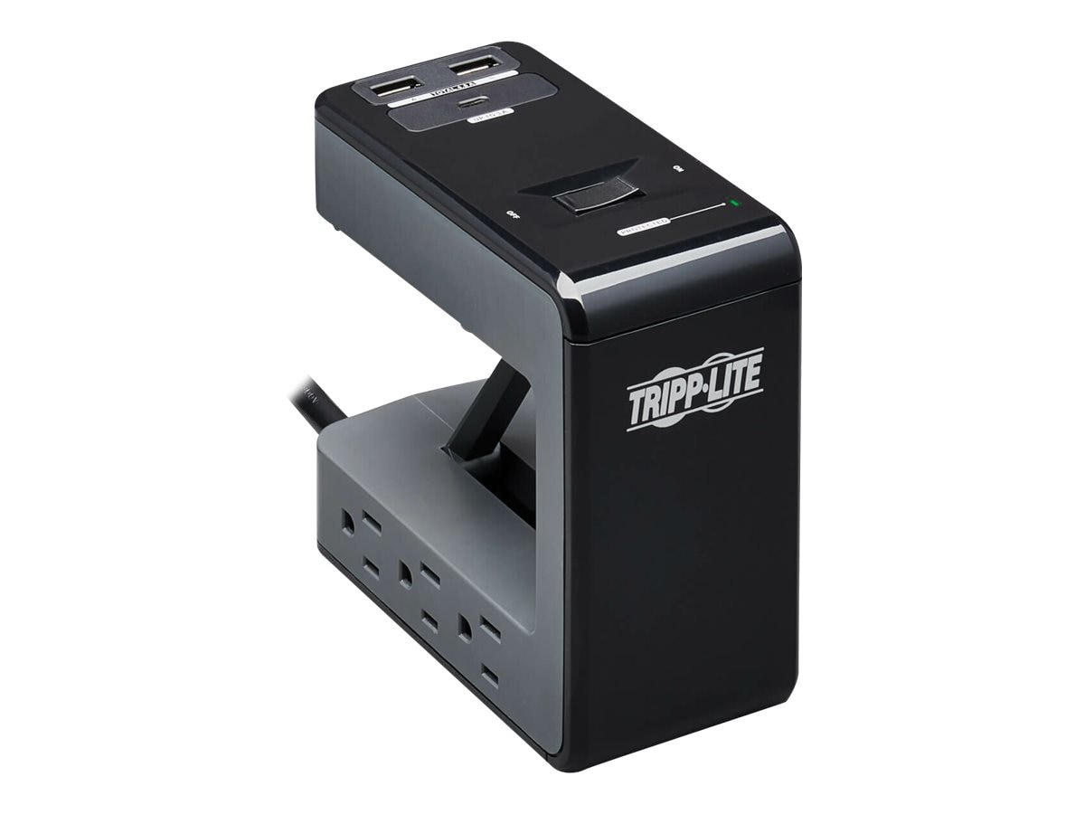 Tripp Lite Safe-IT 6-Outlet Clamp Surge Protector - 5-15R Outlets, 3 USB Ports, 8 ft. (2.4 m) Cord, Antimicrobial