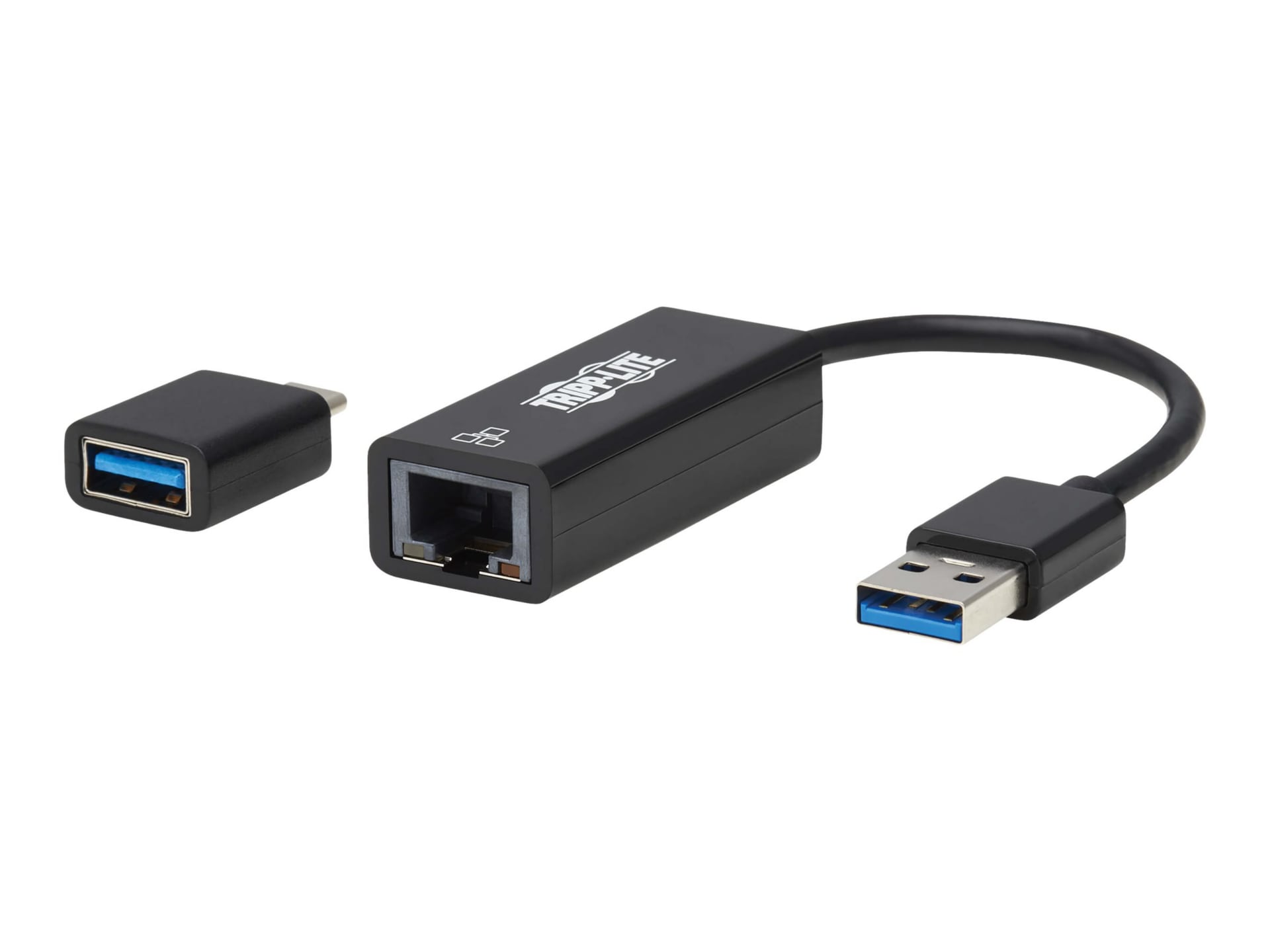 Tripp Lite USB-C, USB-A to RJ45 Gigabit Ethernet Network Adapter (2xM/F), USB 3.2 Gen 1, Black - network adapter - USB-C