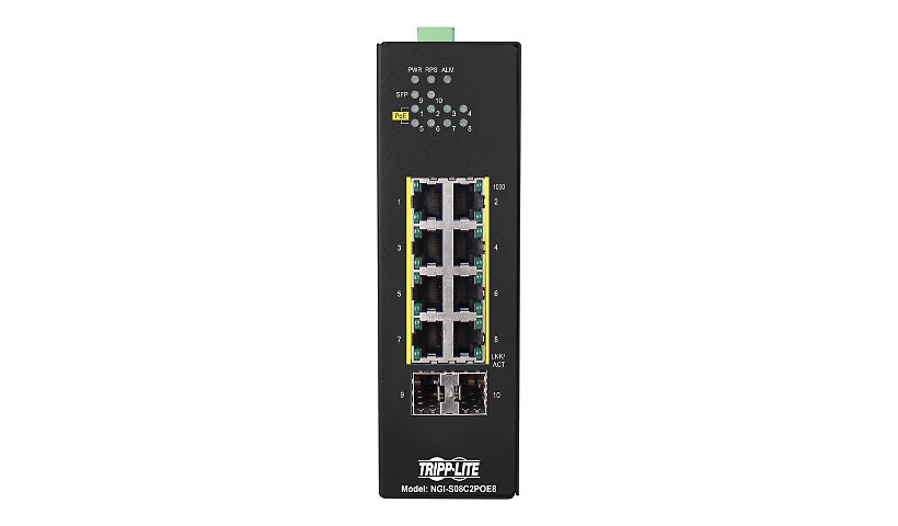 Tripp Lite 8-Port Lite Managed Industrial Gigabit Ethernet Switch 10/100/1000Mbps PoE+ 30W 2 GbE SFP Slots TAA Compliant