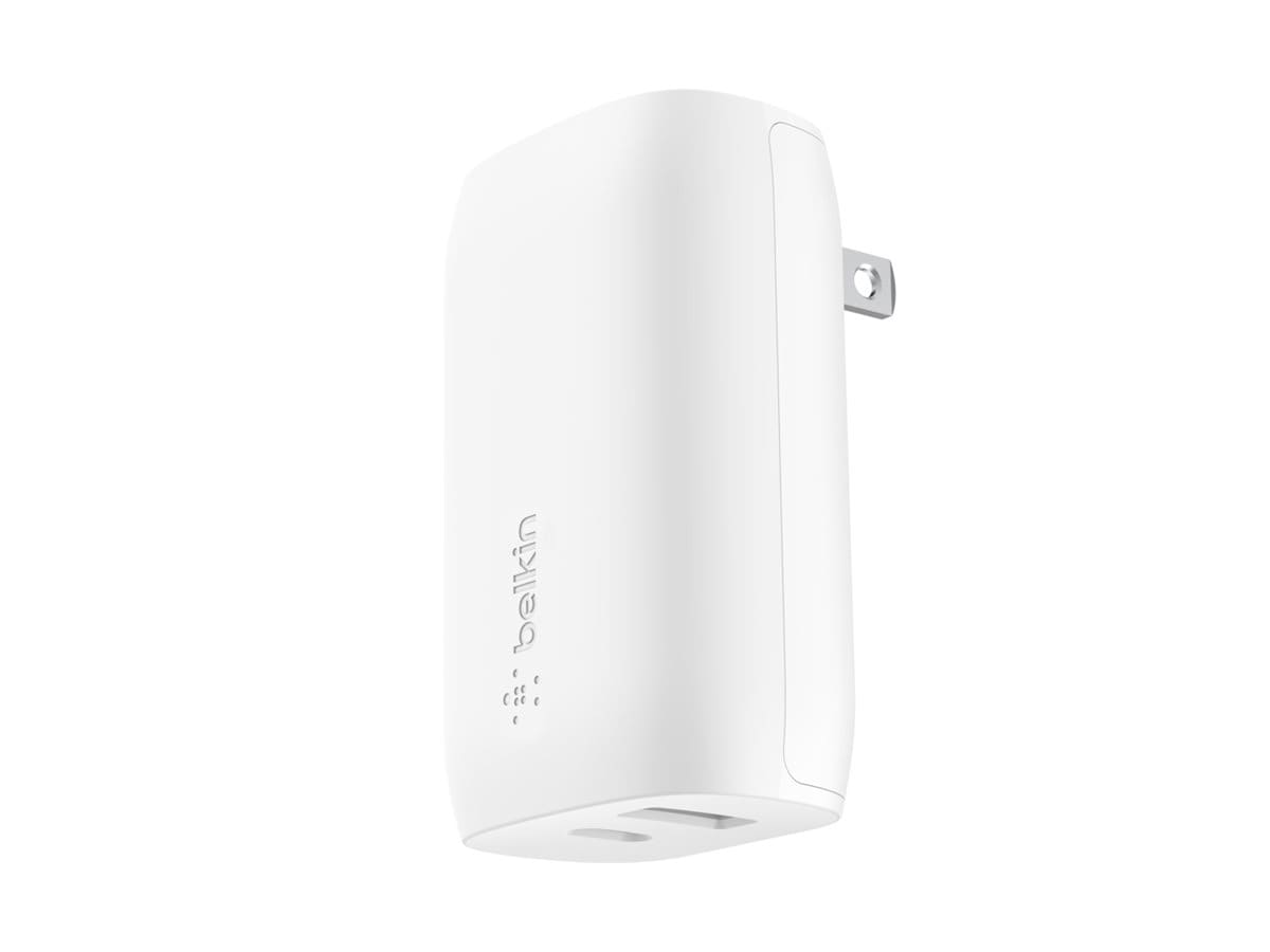 Belkin 37W Portable Dual-Port USB Wall Charger - 1xUSB-A (12W), 1xUSB-C (25W) - Fast Charging - Power Adapter - White