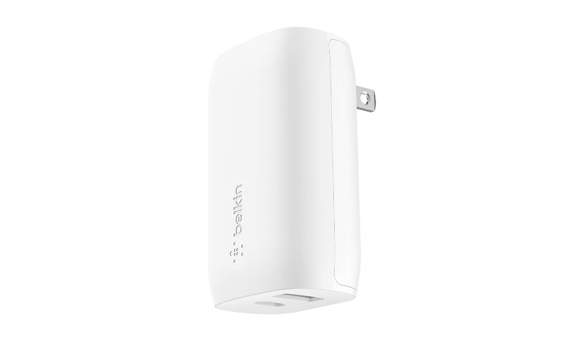 Belkin 37W Portable Dual-Port USB Wall Charger - 1xUSB-A (12W), 1xUSB-C (25W) - Fast Charging - Power Adapter - White