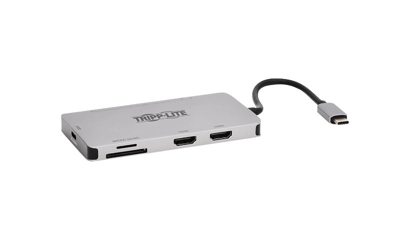 Tripp Lite USB-C Dock, Dual Display - 4K 60 Hz HDMI, USB 3,2 Gen 1, USB-A Hub, Memory Card, 100W PD Charging, Gray -
