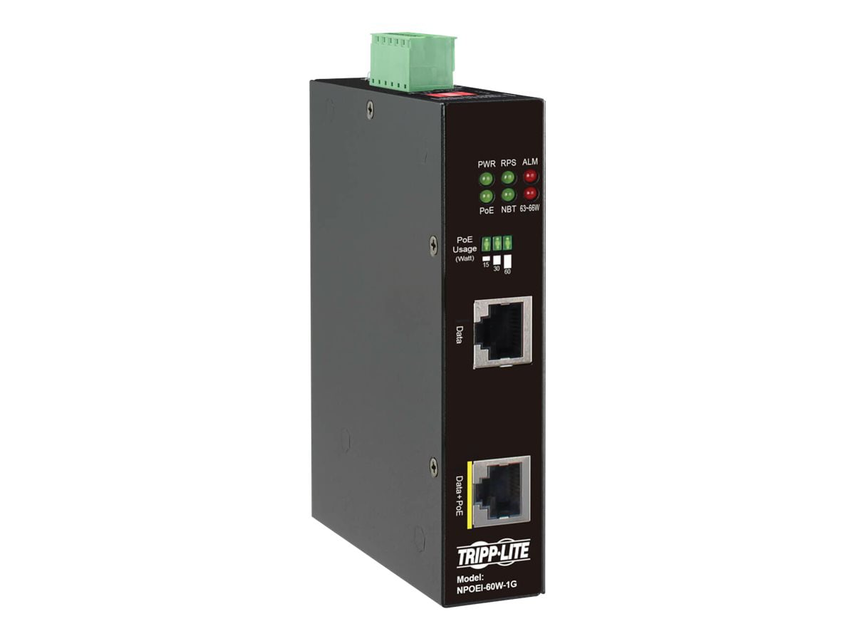 Tripp Lite Industrial Gigabit Ethernet PoE injector, 60W PoE++, 802.3bt, Midspan, -40C to +75C, IP30 housing, Dual