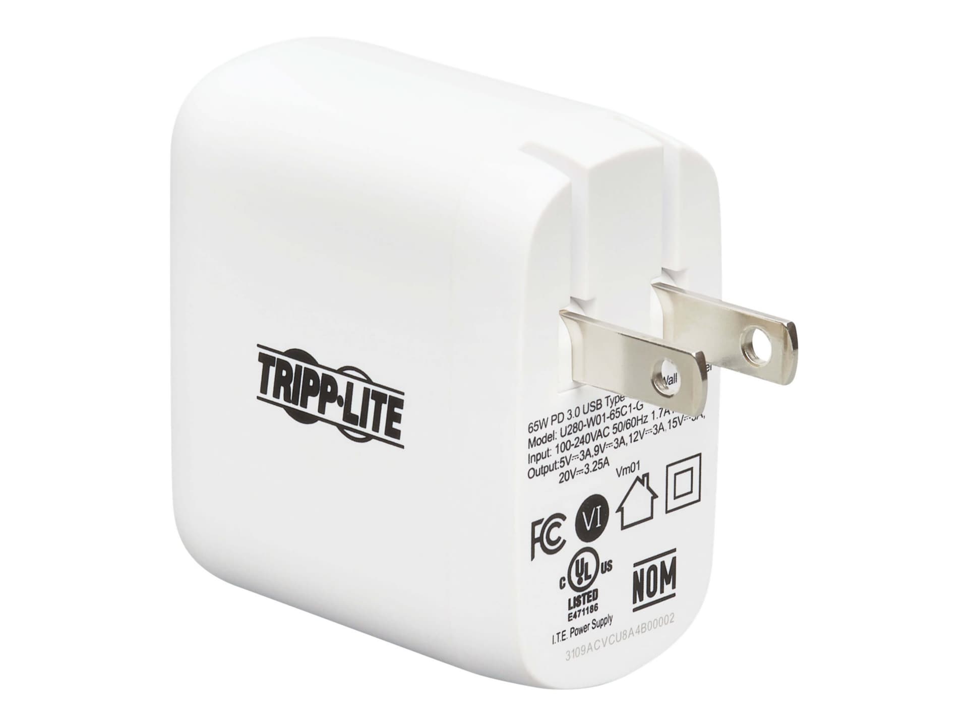 Tripp Lite USB C Wall Charger Compact GaN Technology 65W PD Charging White