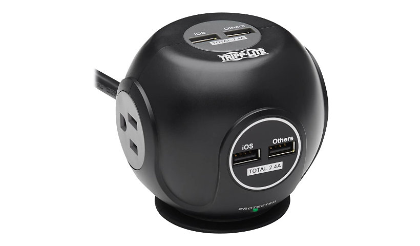 Tripp Lite Safe-IT 3-Outlet Spherical Surge Protector - 5-15R Outlets, 4 USB Ports, 8 ft. (2.4 m) Cord, Antimicrobial