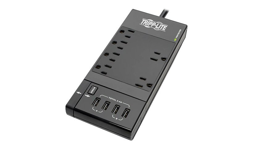 Tripp Lite Safe-IT 6-Outlet Surge Protector with Retractable USB Charger - 5-15R Outlets, 4 USB Ports, 8 ft. (2.4 m)