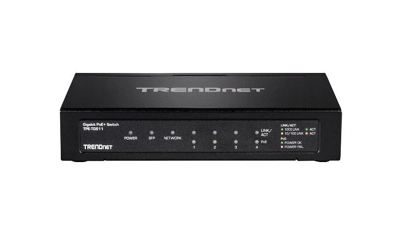 TRENDnet 6-port Gigabit Poe+ Switch; TPE-TG611; 4 X Gigabit Poe+ Ports; 1 X Gigabit Port; 1 X SFP Slot; Supports
