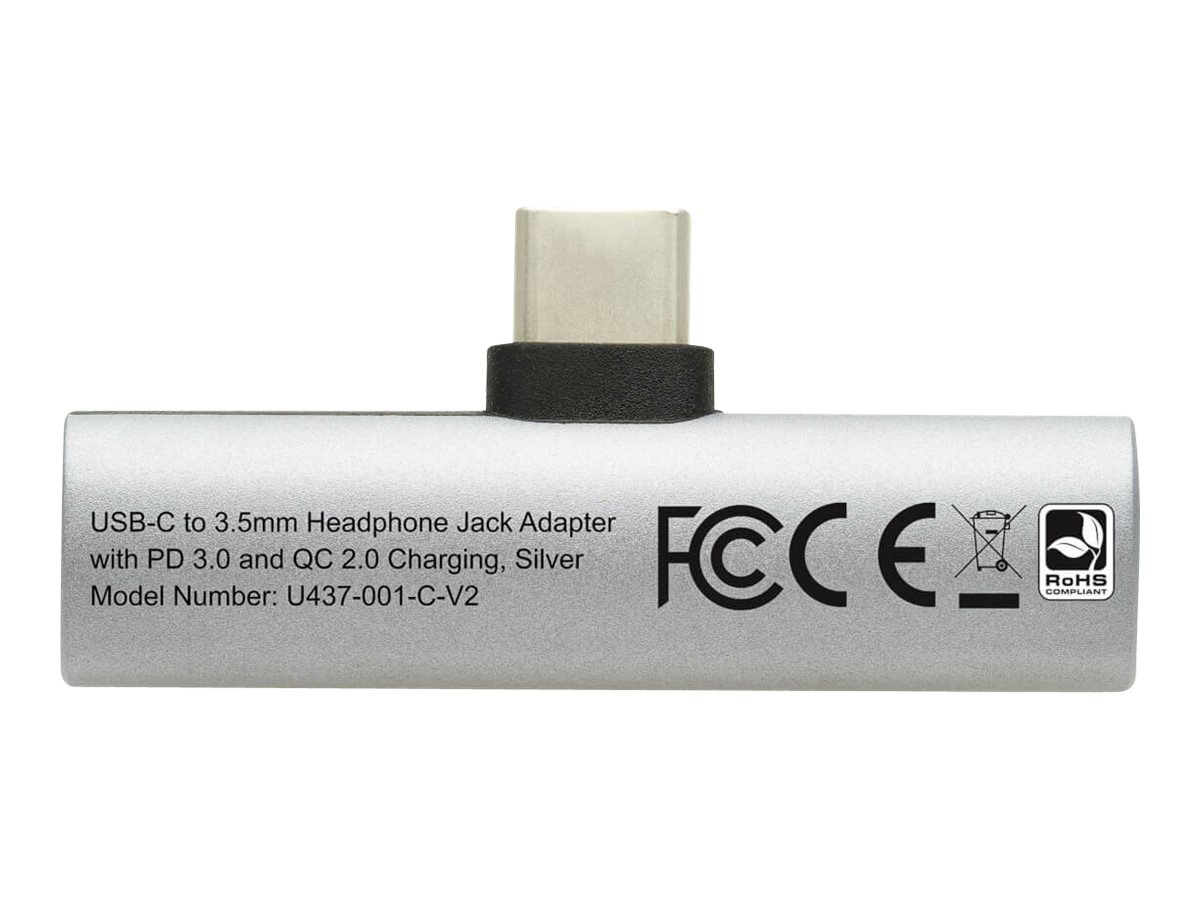Thumbnail 4 of 9 for Eaton Tripp Lite Series USB-C to 3.5 mm Headphone Jack Adapter for Hi-Res Stereo Audio PD 3.0 and QC 2.0 Charging Silver