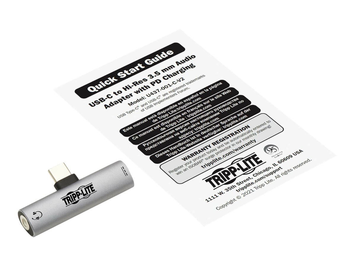 Thumbnail 5 of 9 for Eaton Tripp Lite Series USB-C to 3.5 mm Headphone Jack Adapter for Hi-Res Stereo Audio PD 3.0 and QC 2.0 Charging Silver
