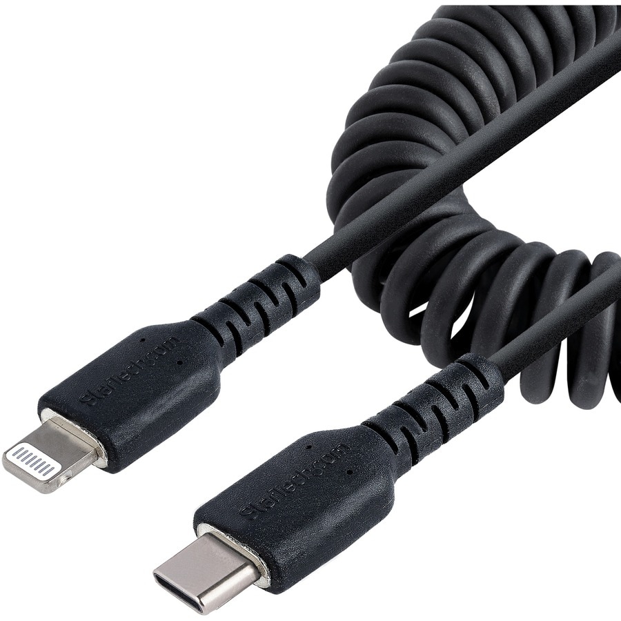 StarTech.com 1m/3ft USB C to Lightning Cable, MFi Certified, Coiled iPhone Charger Cable, Black, TPE