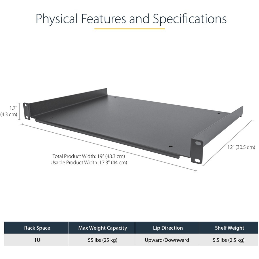Thumbnail 4 of 10 for StarTech.com 1U Server Rack Cabinet Shelf - Fixed 12" Deep Cantilever Rackmount Tray for 19" Data/AV/Network Enclosure