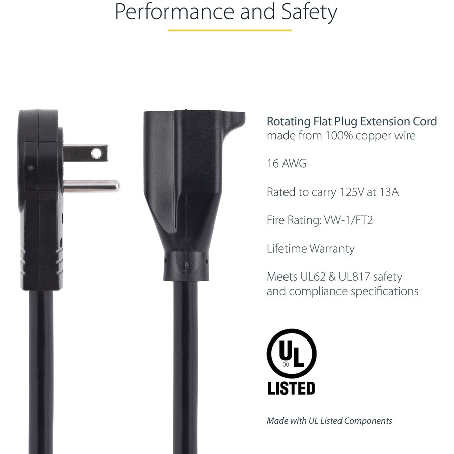 Thumbnail 6 of 6 for StarTech.com 3ft Power Extension Cord, Rotating Flat Plug Extension Cord, NEMA 5-15P to NEMA 5-15R Cable, 16 AWG