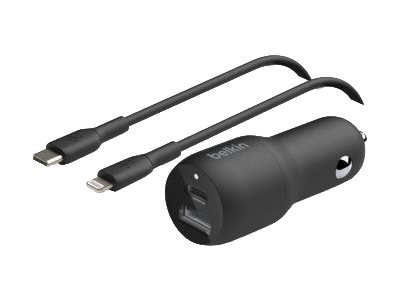 Belkin 37W Dual-Port USB Car Charger - 1xUSB-C (25W) 1xUSB-A (12W) - w/ USB-C to Lightning Cable - Power Adapter - Black