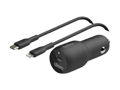 Belkin 37W Dual-Port USB Car Charger 1xUSB-C (25W) 1xUSB-A (12W) w/ USB-C  to Lightning Cable Power Adapter Black CCB004BT1MBK-B5 Office  Basics