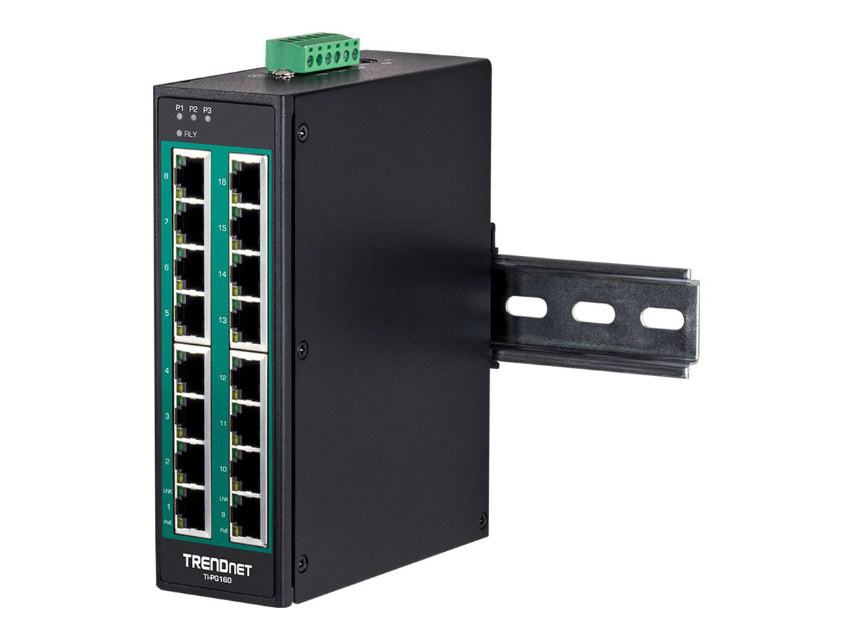 TRENDnet 16-Port Hardened Industrial Unmanaged Gigabit 10/100/1000Mbps DIN-Rail Switch w/ 16 Gigabit PoE+ Ports;