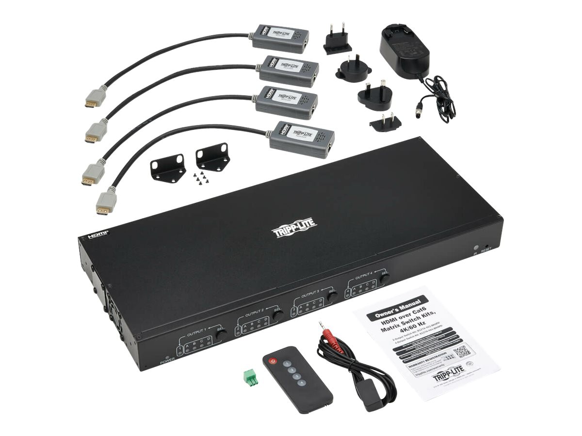 Tripp Lite 4x4 HDMI over Cat6 Matrix Switch Kit, Switch/4x Pigtail Receivers - 4K 60 Hz, HDR, 4:4:4, PoC, 230 ft. (70.1