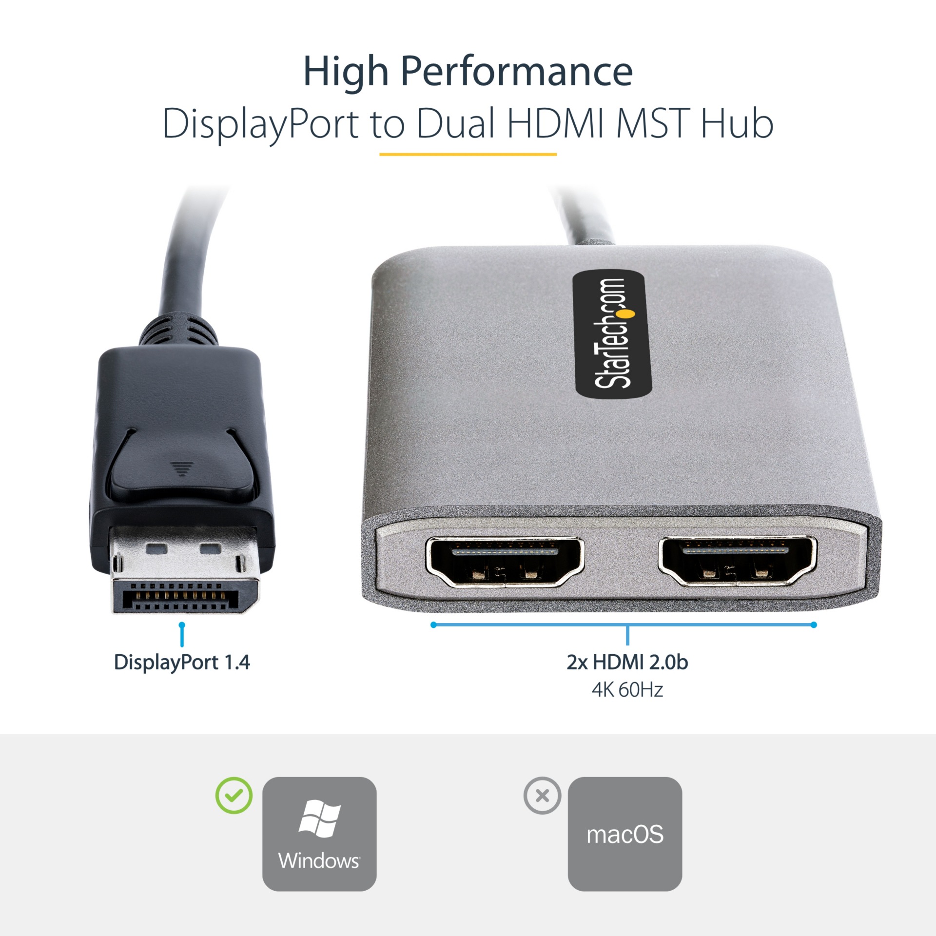 Thumbnail 2 of 7 for StarTech.com DP to Dual HDMI MST HUB, Dual HDMI 4K 60Hz, 2 Port DisplayPort Multi Monitor Adapter with 1ft/30cm Cable
