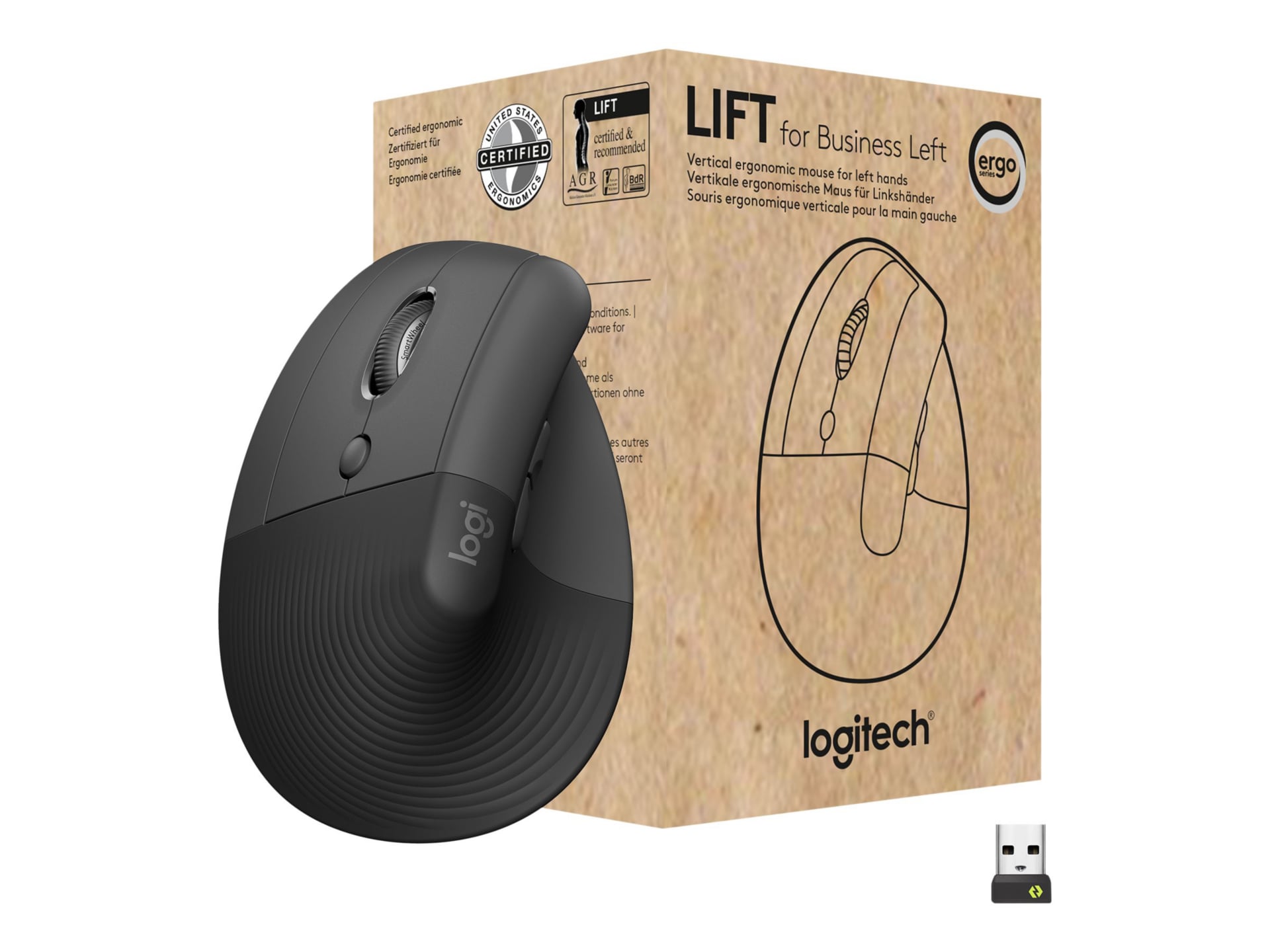 Logitech Lift Vertical Ergonomic Mouse for Business, Left - vertical mouse  - Bluetooth, 2.4 GHz - graphite - 910-006492 - Mice 