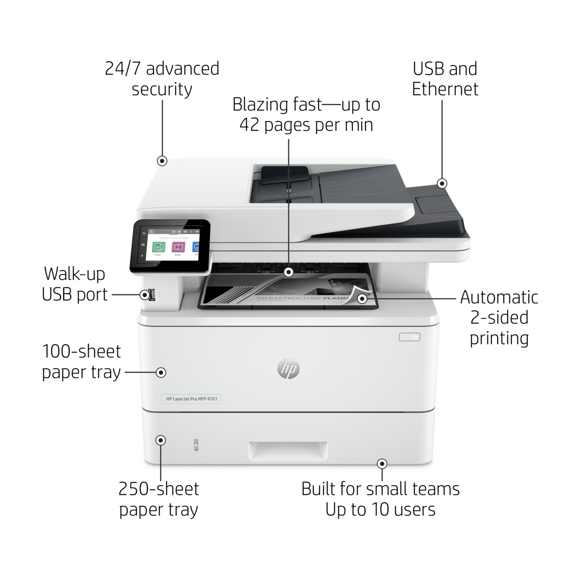 Thumbnail 2 of 16 for HP LaserJet Pro 4101fdn Wired Laser Multifunction Printer - Monochrome