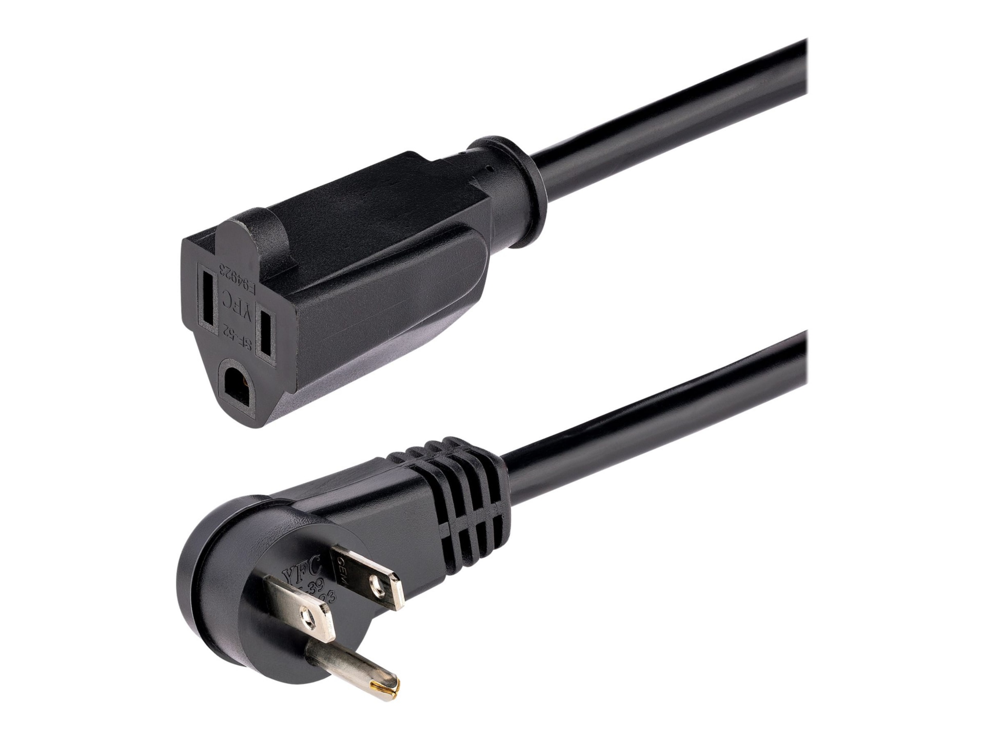 StarTech.com 6ft (2m) Power Extension Cord, Right Angle NEMA 5-15P to NEMA 5-15R, 13A 125V, 16AWG, Black, Flat Outlet