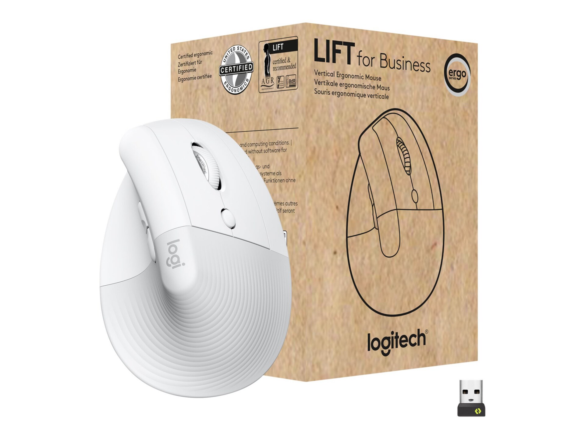 Logitech Lift for Business - vertical mouse - Bluetooth, 2.4 GHz - off-white