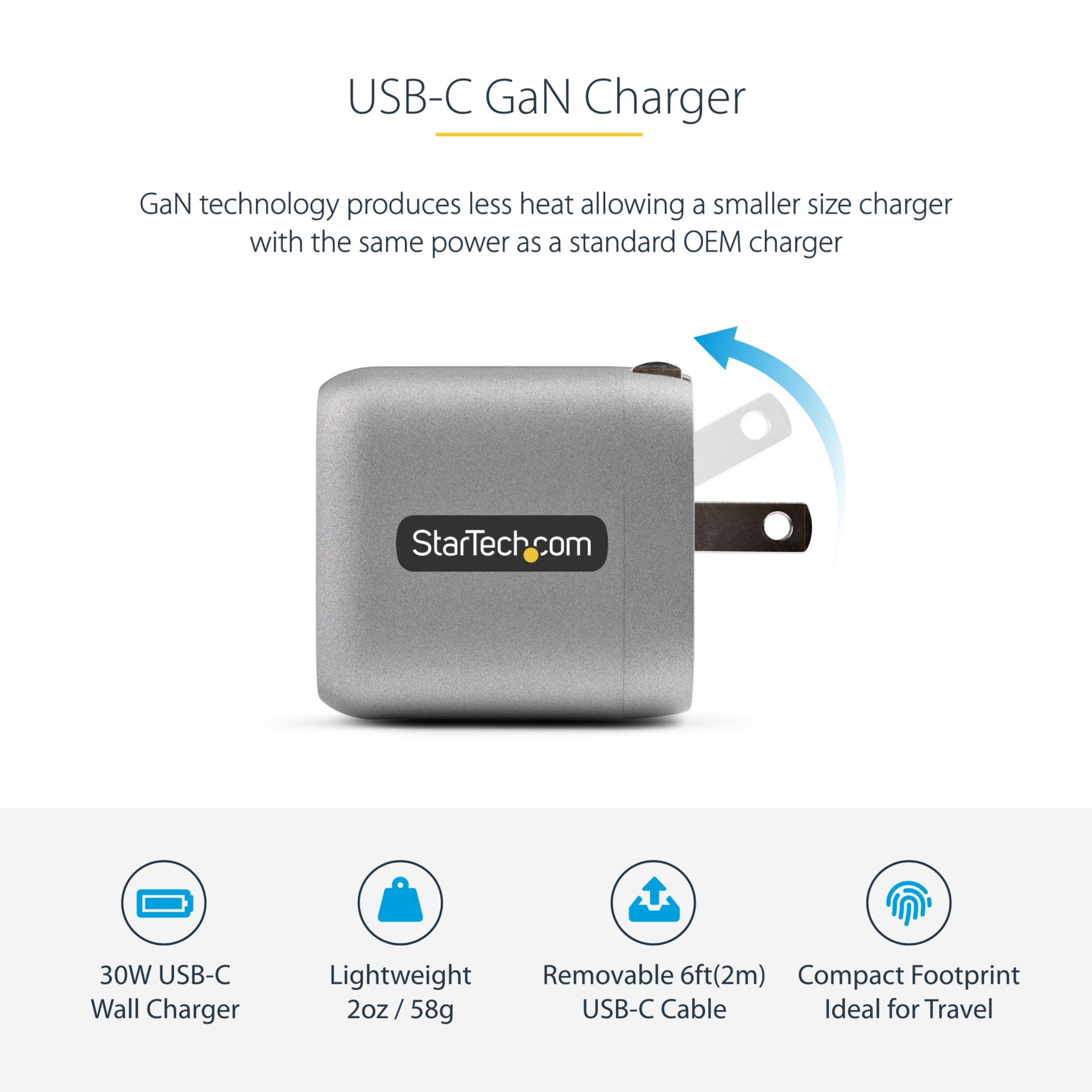 Thumbnail 2 of 6 for StarTech.com 30W USB-C Wall Charger, Portable GaN Charger w/ USB Power Delivery Fast Charging, 6ft Cable, USB-C Charger