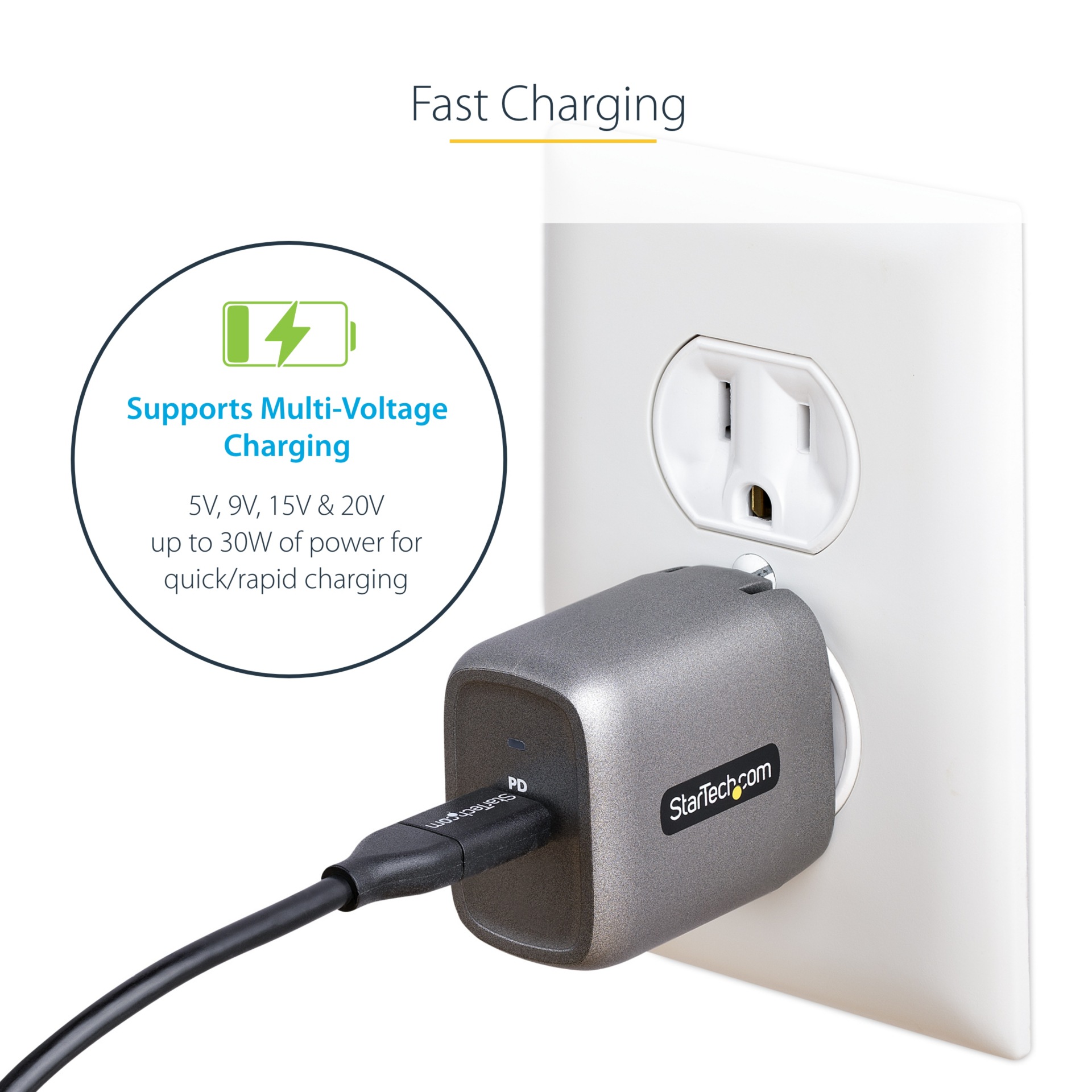 Thumbnail 3 of 6 for StarTech.com 30W USB-C Wall Charger, Portable GaN Charger w/ USB Power Delivery Fast Charging, 6ft Cable, USB-C Charger