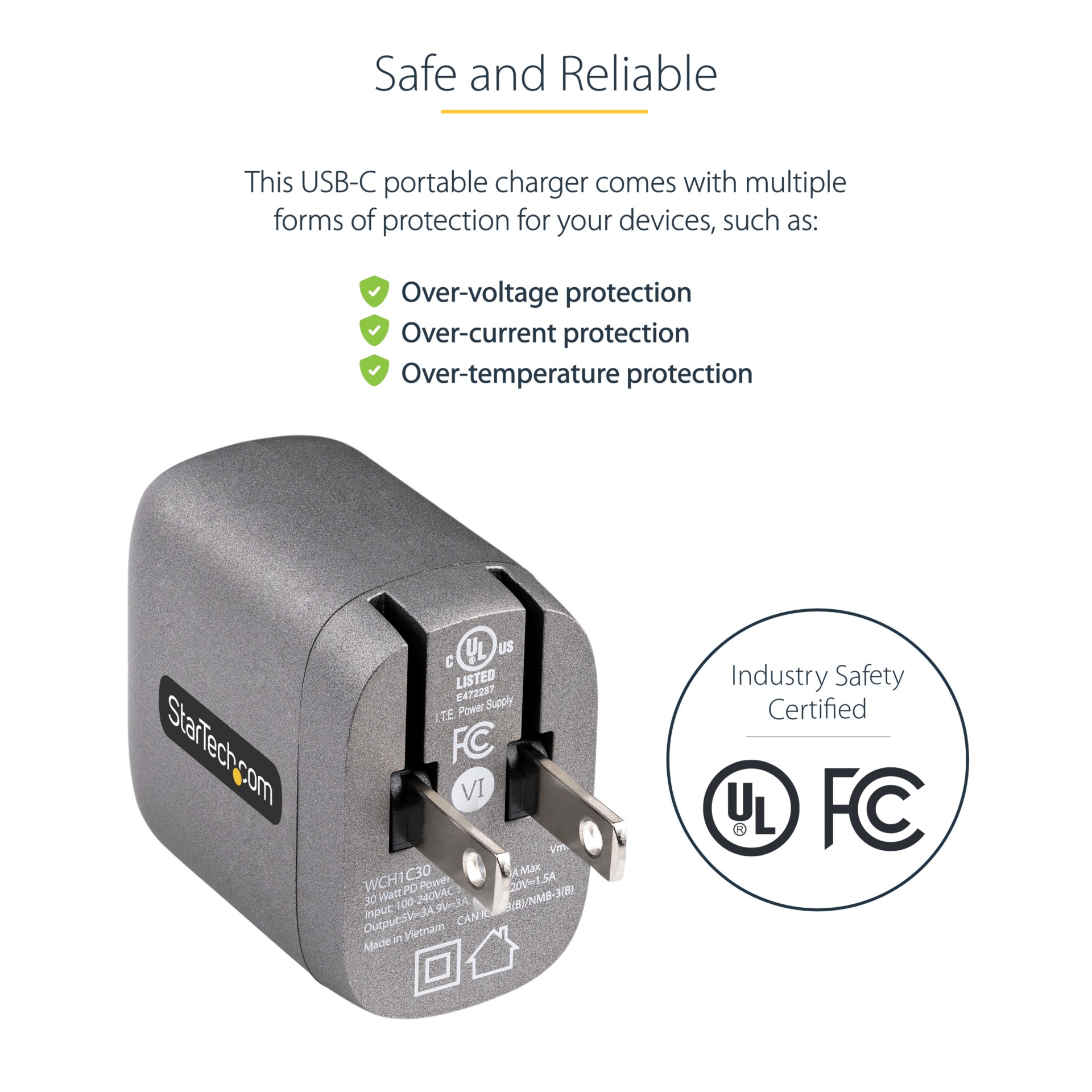 Thumbnail 5 of 6 for StarTech.com 30W USB-C Wall Charger, Portable GaN Charger w/ USB Power Delivery Fast Charging, 6ft Cable, USB-C Charger